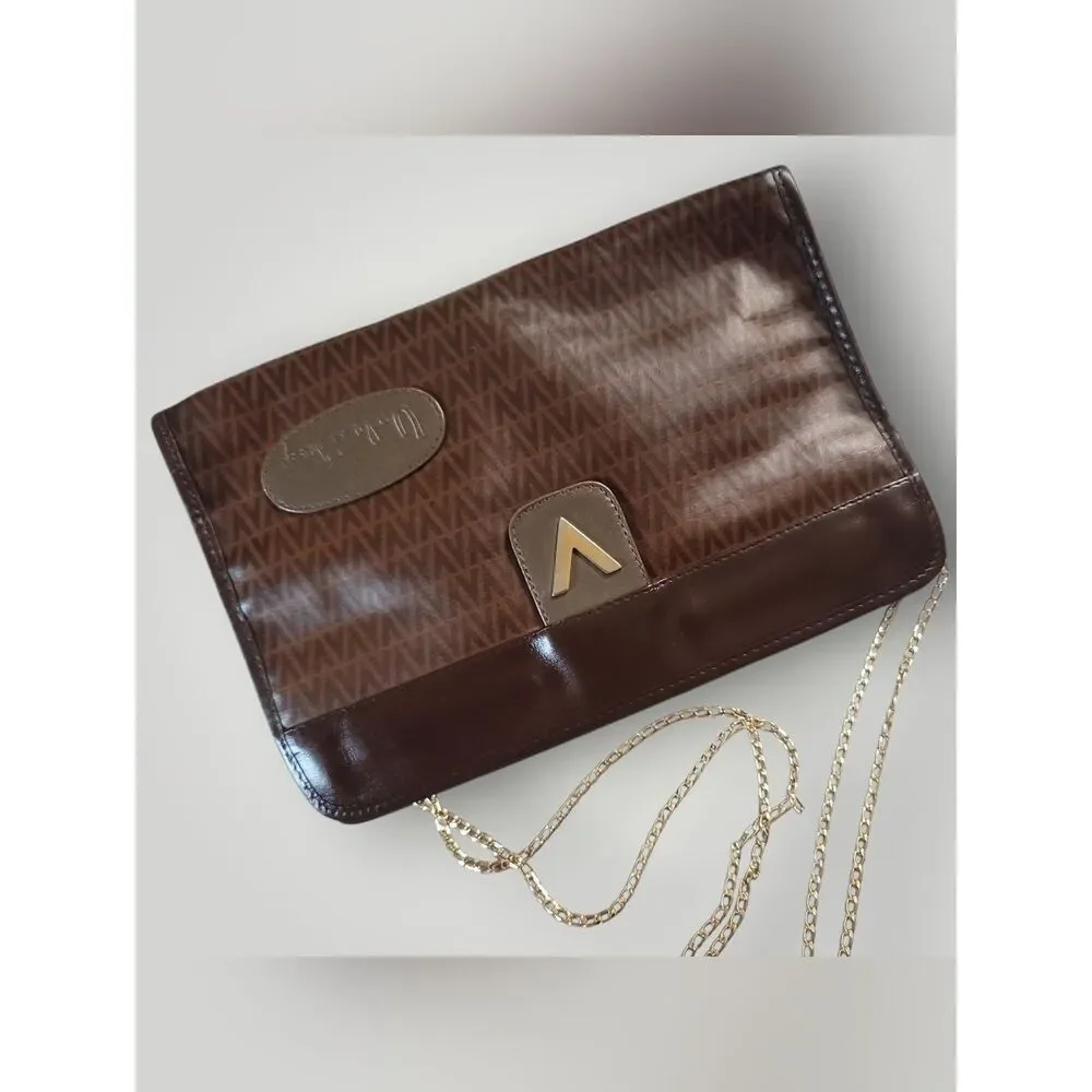 Mario Valentino Authentic Brown Monogram Clutch with Gold Chain Vintage